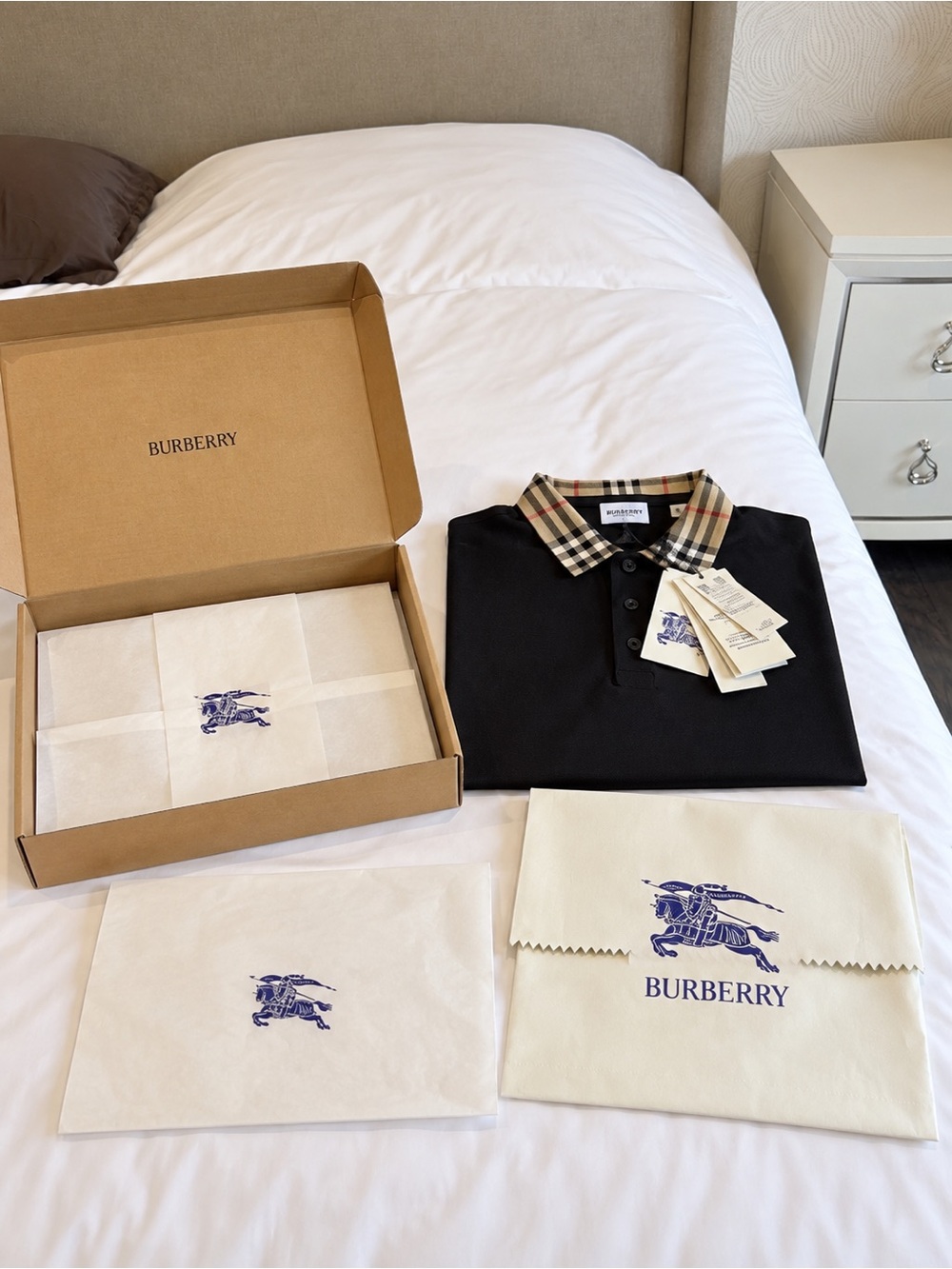 Burberry Black Polo with Signature Beige Check Collar